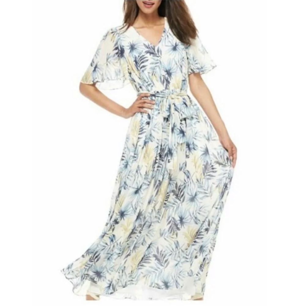 GAL MEETS GLAM Kiki palm Leaf tropical Print Chiffon Maxi Dress